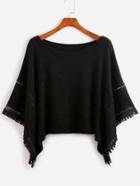 Romwe Black Contrast Crochet Fringe Hem Poncho Sweater