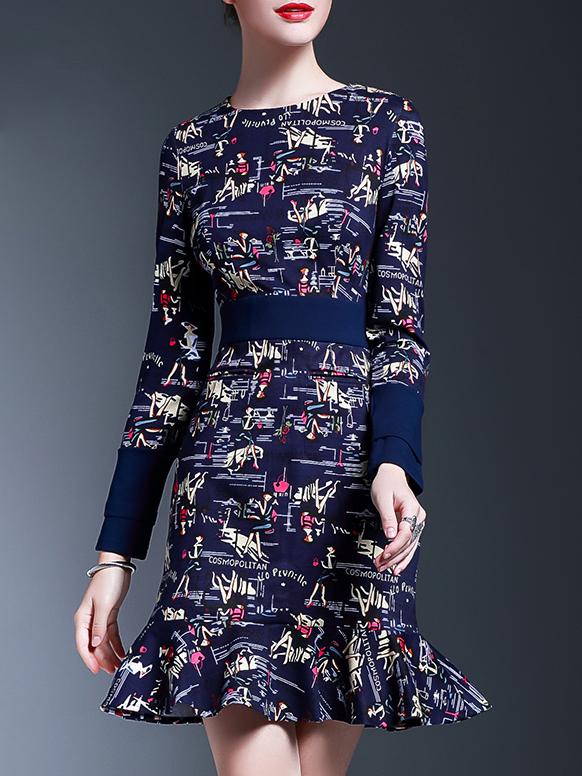 Romwe Blue Crew Neck Print Frill Dress
