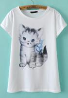 Romwe White Short Sleeve Cat Print T-shirt