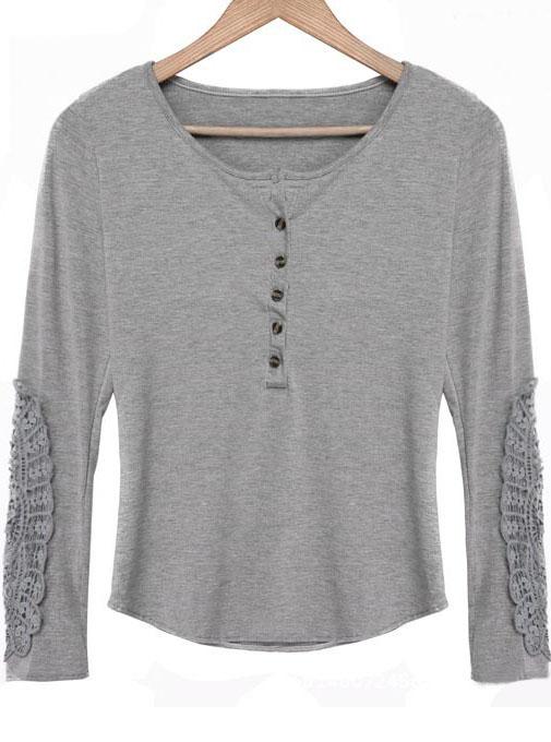Romwe Round Neck With Buttons Lace Crochet Blouse