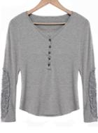 Romwe Round Neck With Buttons Lace Crochet Blouse