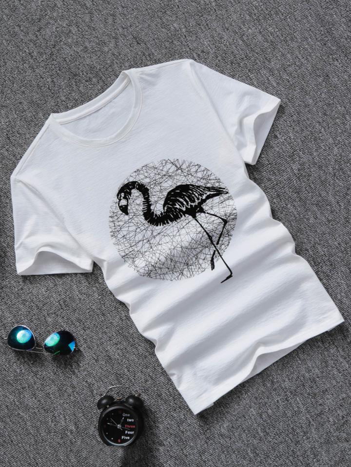 Romwe Men Crane Print Tee