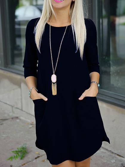 Romwe Black Twin Pocket Half Sleeve Dress