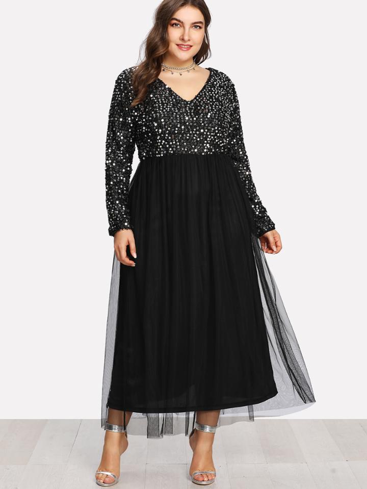 Romwe V Neckline Contrast Sequin Mesh Dress