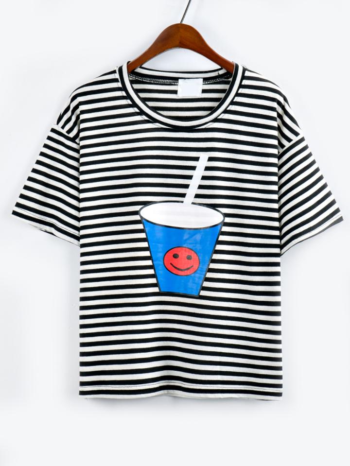 Romwe Drink Cup Print Striped T-shirt - Black