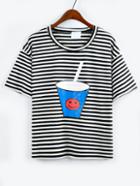 Romwe Drink Cup Print Striped T-shirt - Black