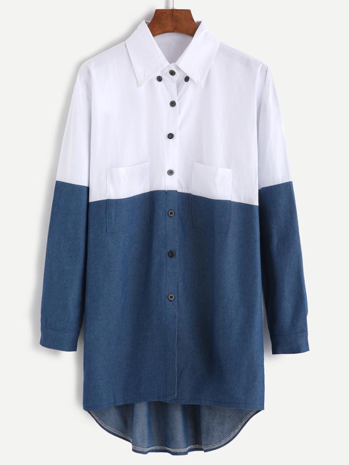 Romwe Color Block High Low Shirt Dress With Pockets