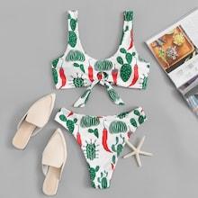Romwe Cactus And Chili Knot Front Bikini Set