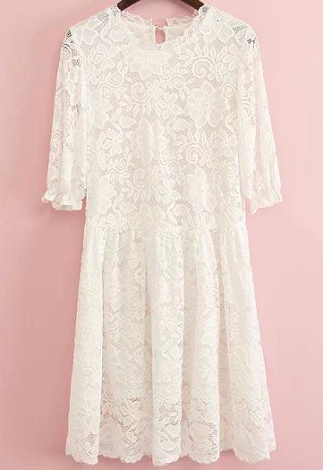 Romwe White Half Sleeve Lace Pleated Dress