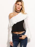 Romwe Contrast One Shoulder Bell Sleeve Ruffle Chiffon Top