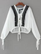 Romwe White Eyelash Lace Trim Blouse With Tie
