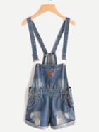Romwe Bleach Wash Distressed Denim Overall Shorts