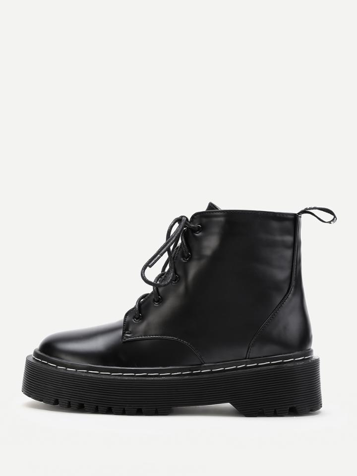 Romwe Pu Lace Up Rubber Sole Short Boots