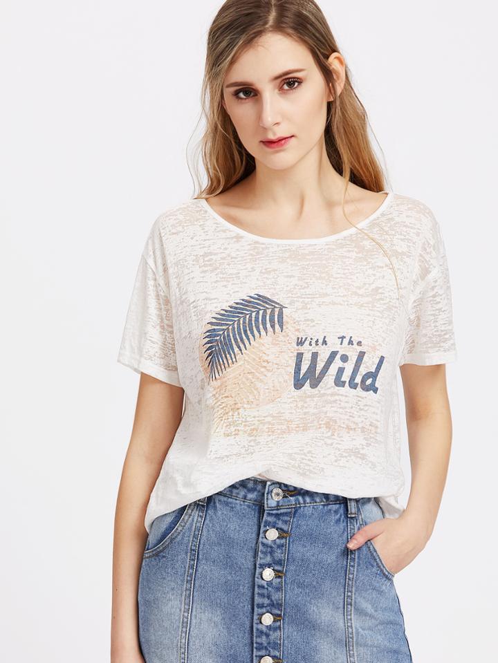 Romwe Palm Print Distressed Paper Thin Sheer Tee