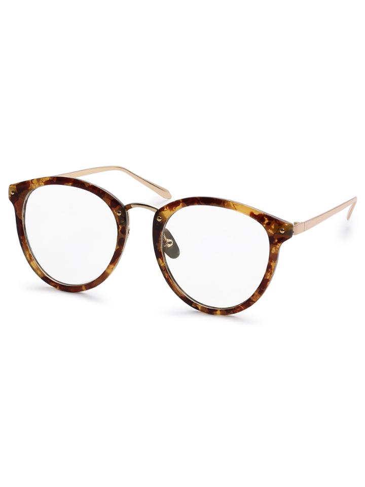 Romwe Brown Tortoise Frame Round Clear Lens Glasses