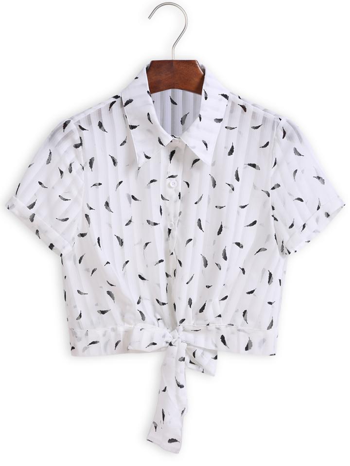 Romwe Lapel Feather Print Knotted Blouse
