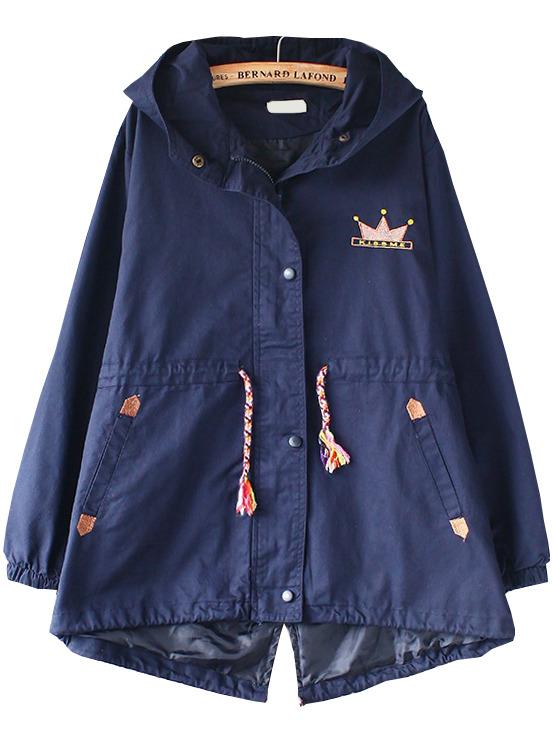 Romwe Navy Blue Embroidered  Drawstring Hooded Coat