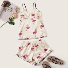 Romwe Flamingo Print Satin Cami With Ruffle Shorts Pj Set