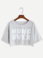 Romwe Grey Letter Print Cuffed Crop T-shirt