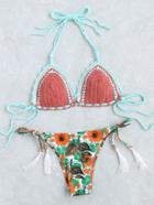 Romwe Daisy Print Tassel Tie Crochet Bikini Set