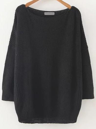Romwe Black Round Neck Drop Shoulder Knitwear