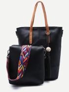 Romwe Black Tassel Tote Bag With Wide Strap Crossbody Bag