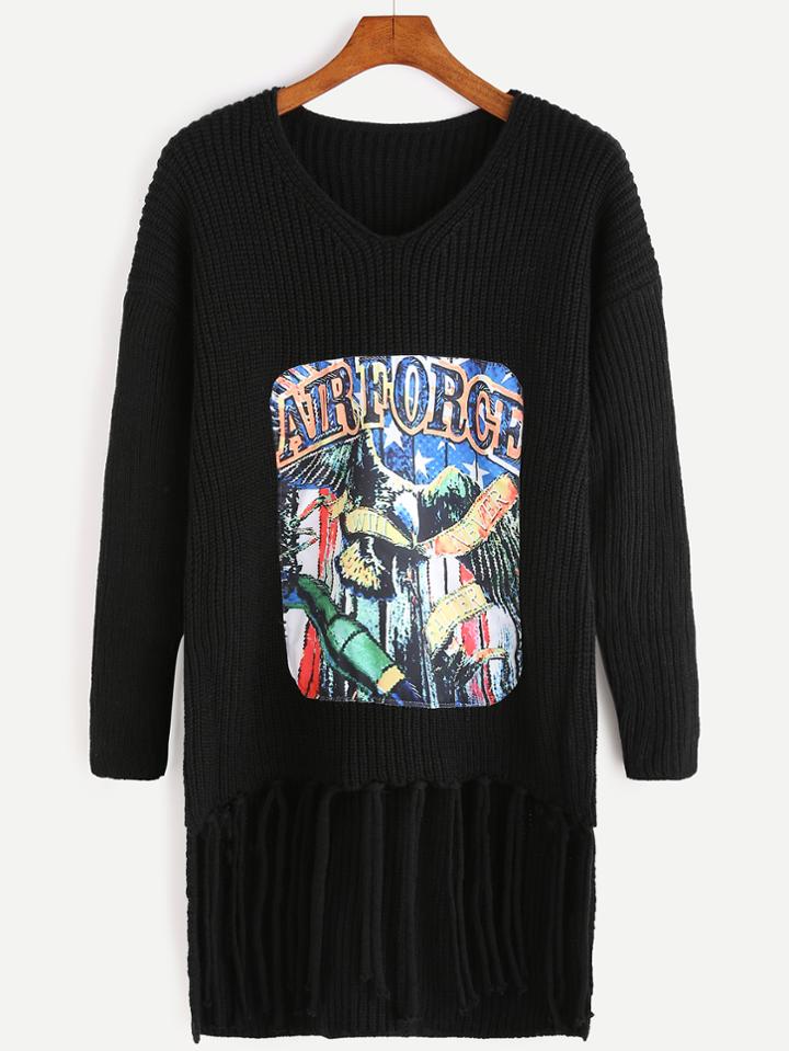 Romwe Black V Neck Print Patch Fringe Hem Sweater