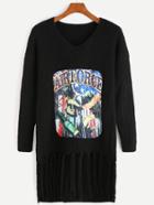 Romwe Black V Neck Print Patch Fringe Hem Sweater