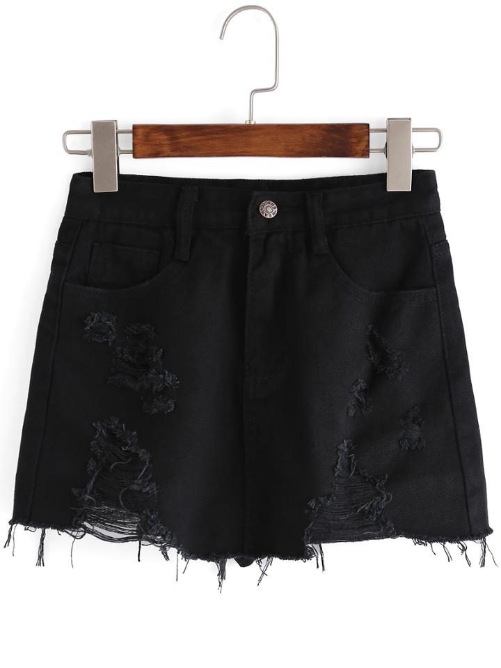 Romwe Ripped Pockets Denim Black Shorts