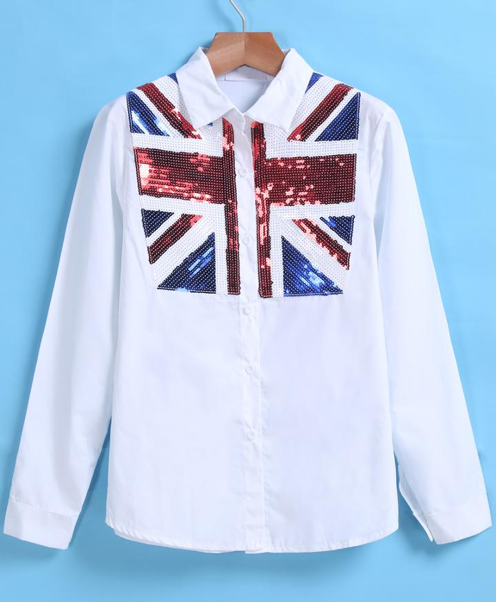 Romwe With Sequined Union Jack Pattern White Blouse