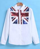 Romwe With Sequined Union Jack Pattern White Blouse
