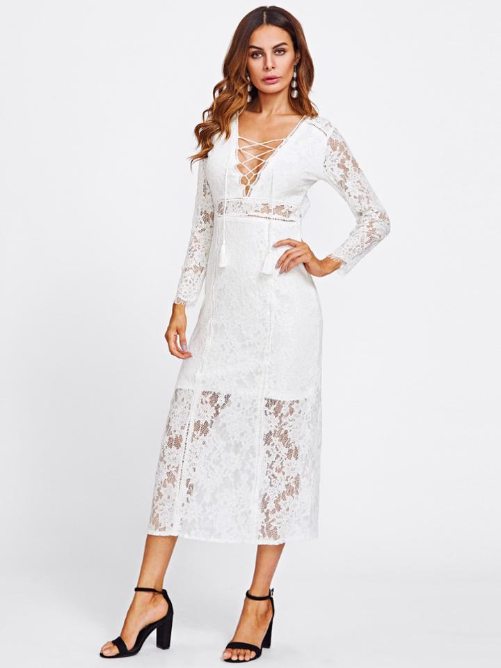 Romwe Tassel Tie V Neck Lace Maxi Dress