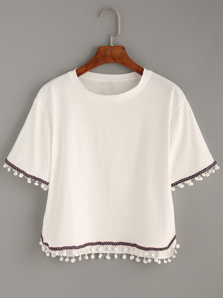 Romwe White Embroidered Tape Trimmed T-shirt
