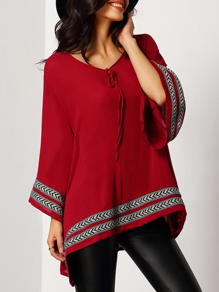 Romwe V Neck Bell Sleeve Lace Up Embroidered Blouse