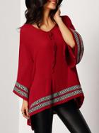 Romwe V Neck Bell Sleeve Lace Up Embroidered Blouse
