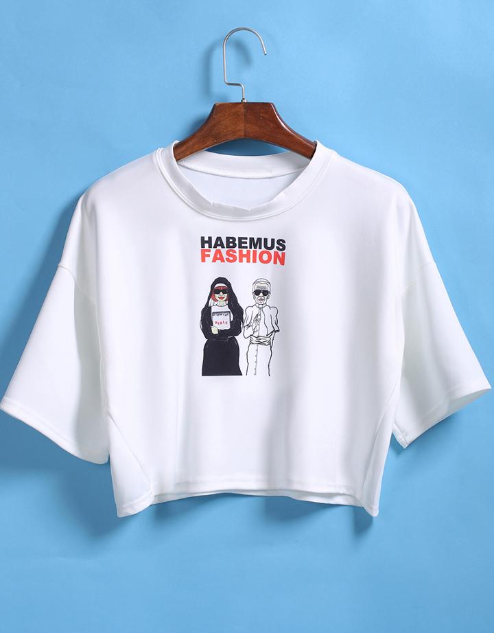 Romwe Husband And Wife Print Crop T-shirt