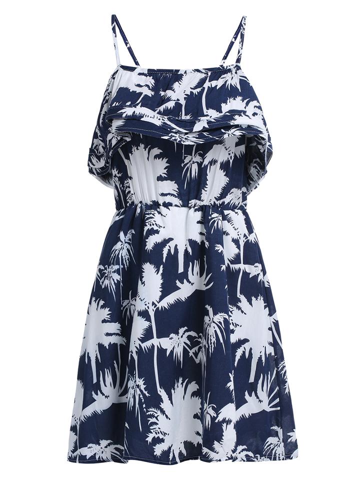 Romwe Spaghetti Strap Tree Print Ruffle Blue Dress