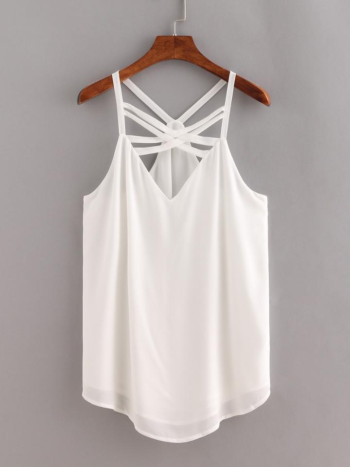 Romwe Lattice Neck Racerback Chiffon Top - White