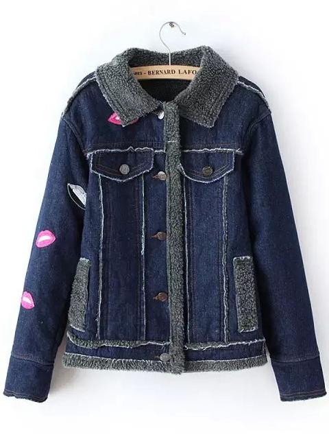 Romwe Women Lapel Lips Embroidered Pockets Denim Coat