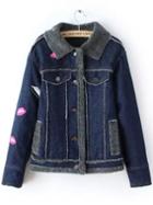 Romwe Women Lapel Lips Embroidered Pockets Denim Coat