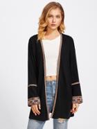 Romwe Embroidery Tape Open Front Coat