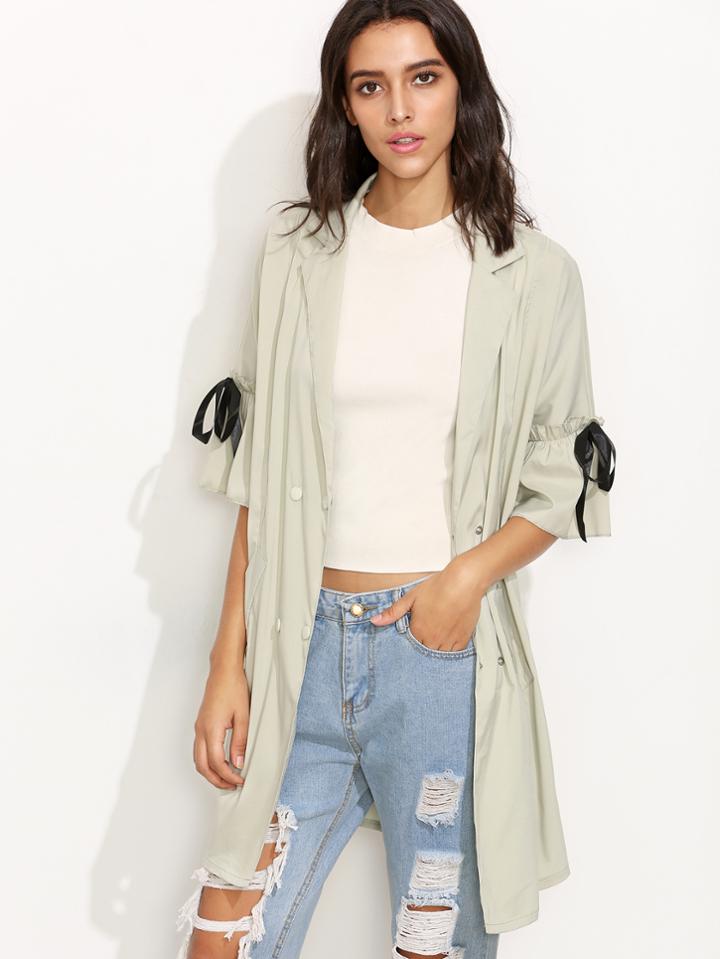 Romwe Pale Green Bell Sleeve Long Coat With Tie Bow