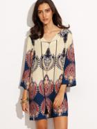 Romwe Tribal Print V Neck Three Quarter Sleeve Shift Dress