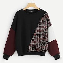 Romwe Tweed Panel Cut-and-sew Pullover