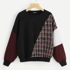 Romwe Tweed Panel Cut-and-sew Pullover
