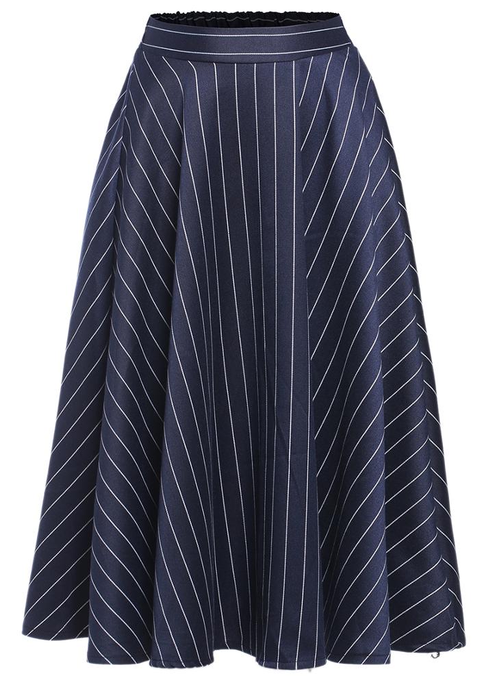 Romwe Striped Midi Pleated Blue Skirt