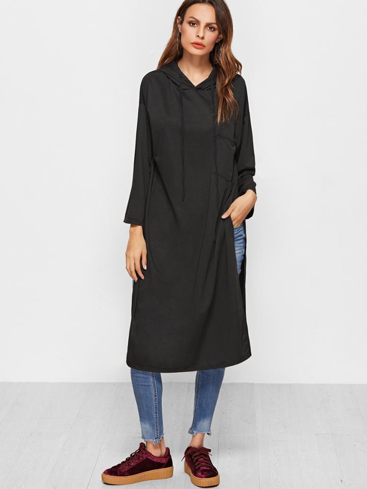 Romwe Black Slit Side Hooded Long Sweatshirt With Pocket