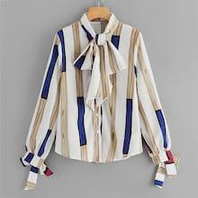 Romwe Striped Tie Neck Knot Sleeve Blouse