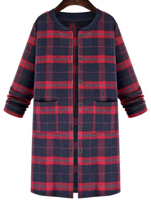 Romwe Round Neck Plaid Pockets Long Coat