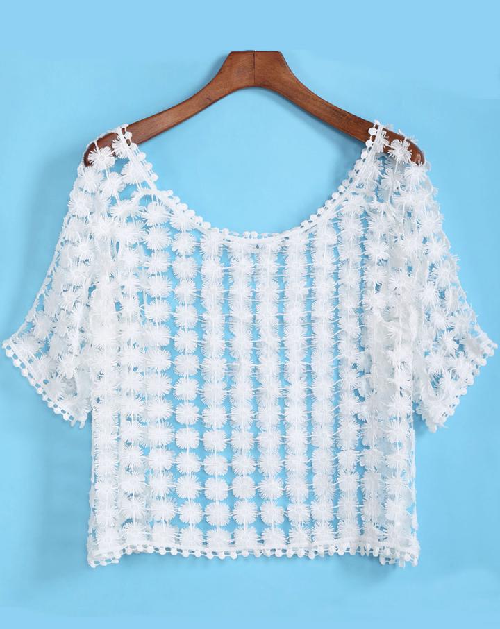 Romwe Short Sleeve Lace Hollow Top